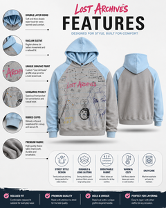 Sweat-shirt à capuche oversize pour homme, gris bleu, style panneau de manches, imprimé dessiné, streetwear, vêtement d'automne, tissu en coton FRENCH TERRY - Product Image 2