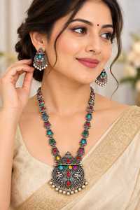 Parure de bijoux de mariage vintage colorée pour femme, collier superposé et boucles d'oreilles, plaqué argent antique, collier long de haute qualité - Product Image 4