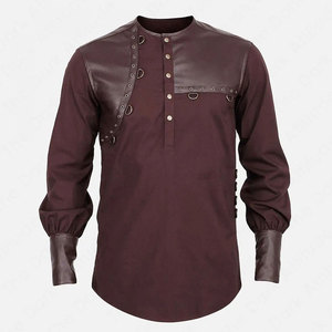 Factory Supplies <b>Men's</b> Gothic Shirt Vintage Cotton Blend Soft Fabric Faux Leather Patchwork Top Long Sleeve D-Ring Outfit - Product Image 1