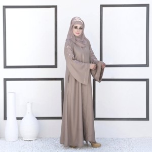 Women's Beige Long Sleeve Floor Length Breathable Loose Fit Abaya High Neck Modest <b>Dress</b> Solid Color Polyester Middle East Style - Product Image 3