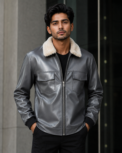 Veste en cuir PU pour homme avec col en fausse fourrure, fermeture éclair, vêtement d'hiver, coupe classique, couleur unie - Product Image 1
