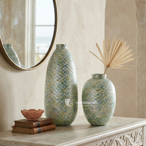 Jarrón de Bambú con Mosaico Bohemio ViettimeCraft, Incrustaciones Brillantes, Ecológico, Hecho a Mano, Maceta de Bambú Tejida para Mesa, Estilo Costero Moderno - Product Image 4