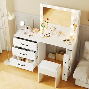 Tavolo da Trucco da 140 cm con Luci Hollywood, Mobile Laterale Regolabile e 5 Cassetti Portaoggetti, 2 Ripiani - Marca Mo - Product Image 2