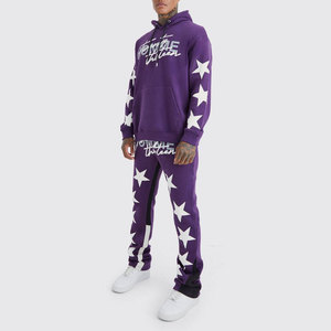 Conjunto Deportivo con Capucha y Estampado de Estrellas Púrpuras para Hombre, Ropa Urbana, 100% Algodón, Corte Regular, para Otoño - Product Image 3