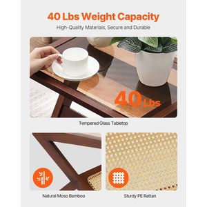 Mesa de Centro Moderna Boho de 20 Pies con Almacenamiento, Ratán en Forma de Z y Bambú Tejido, Tapa de Vidrio Templado, Plegable - Product Image 3
