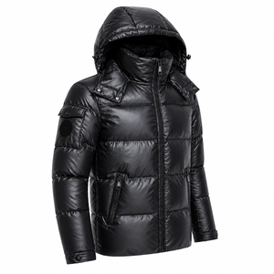 Men's Black Eco-friendly Puffer <b>Jacket</b> Cotton Filled Windproof Zipper Closure Casual <b>Winter</b> Wear Solid Color Regular Fit Front - Product Image 5