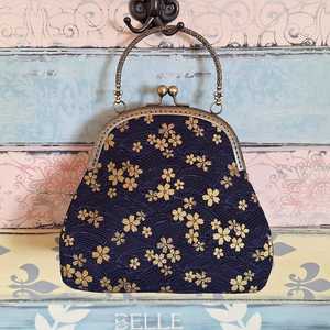 Jewelry Bag With Closure Hinged Design Navy <b>Blue</b> Gold Floral Pattern Shoulder Handle packaging bag - Product Image 2