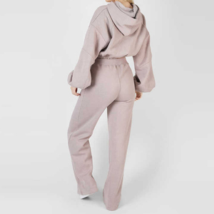 Conjunto Deportivo Informal Vintage de Invierno para Mujer, Sudadera Corta Holgada de Color Sólido y Pantalones Acampanados, Conjunto de Dos Piezas - Product Image 3