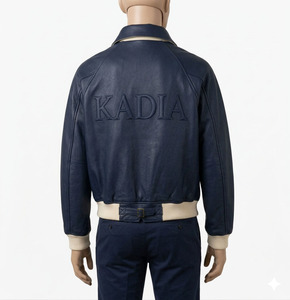 Custom <b>Men</b>’s Navy Blue Genuine Leather <b>Bomber</b> <b>Jacket</b> – Embossed Logo <b>Varsity</b> Style – Premium Lambskin Outerwear with Ribbed Trim - Product Image 3