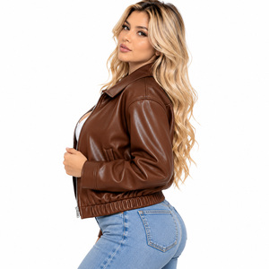 Veste bomber en simili cuir marron pour femme, fermeture éclair, col rabattu, manteau court, couleur unie, automne - Product Image 3