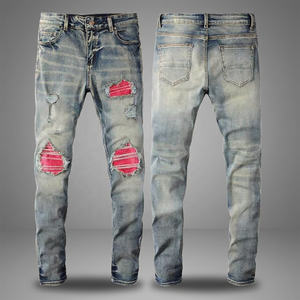 Hot Sale Vintage Men's Straight Lightweight Casual Distressed <b>Jeans</b> Pink <b>Embroidered</b> Patches Wholesale Price Streetwear Denim - Product Image 4