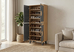 Meuble à chaussures moderne 8 niveaux 4 portes, démontable/DIY, SC410ZV, chêne gris foncé, panneaux de particules MDF, pour 24 paires de chaussures adultes - Product Image 2