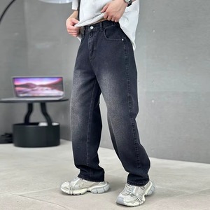 Jean en denim noir pour homme, coupe droite, taille mi-haute, couleur unie, décontracté, en coton tissé respirant, broderie automne délavée - Product Image 2