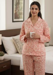 Cotton Hand Block Printed <b>Womens</b> Pajama Nightwear Two Piece Wholesale India - Product Image 5