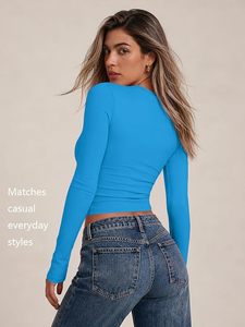 T-shirt court en maille pour femme, bleu, col rond, manches longues, coupe ajustée, couleur unie, décontracté, toutes saisons, respirant, en coton et élasthanne - Product Image 4