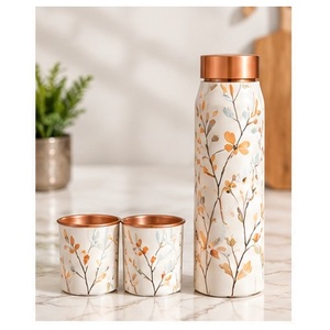 Bouteille d'eau en cuivre doré à motif feuille de cobalt avec couvercle en cuivre, ensemble portable en verre bleu ivoire à motif vigne - Product Image 5