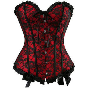 Corset en dentelle rouge et noir pour femme avec volants, nœud sur le devant, fermeture à agrafes et à œillets, et maintien ferme - Product Image 1