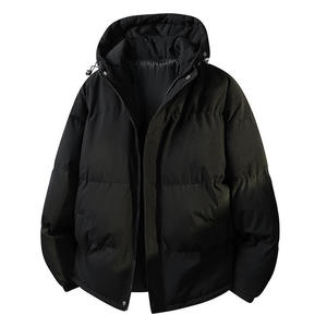 Men's Hooded Puffer <b>Jacket</b> Thick Warm Winter Coat Solid <b>Black</b> Polyester Wadding Zipper Closure Casual Style - Product Image 1