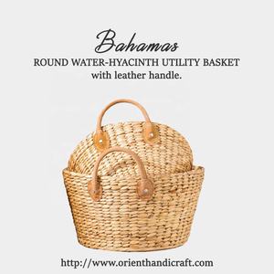 Cesta de jacinto de agua redonda de alta calidad hecha a mano en Vietnam con mango de cuero inspirado en Bahamas para almacenamiento - Product Image 2