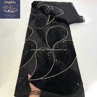 Tissu de luxe en velours et dentelle de tulle, orné d'appliques, de perles et de paillettes, motifs cachemire ivoire, rouge et noir, pour robe africaine Boubou Kaftan