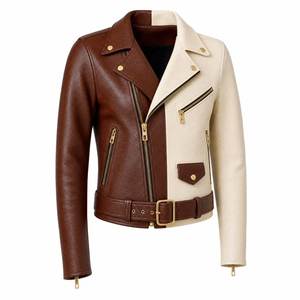 Mens <b>Brown</b> And Cream Genuine <b>Leather</b> Moto <b>Jacket</b> Turn-down Collar Zipper Closure Color Blocking Autumn Winter Wear - Product Image 2