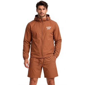 Ensemble veste coupe-vent et short en polyester personnalisé pour homme, léger, deux pièces, tenue streetwear avec logo brodé et taille élastique - Product Image 2