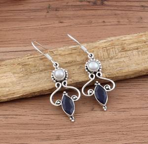 ต่างหูไพลินสีน้ำเงินธรรมชาติ 925 เงินสเตอร์ลิง ต่างหูห้อยแบบเรียบหรูสำหรับผู้หญิง งานแต่งงาน งานปาร์ตี้ เครื่องประดับสุดหรู ของขวัญ - Product Image 3