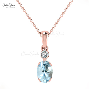 Pendentif en aquamarine naturelle 7x5mm et diamant avec collier en or massif 14 carats, vente en gros, bijoux de mariage - Product Image 3