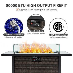 Focolare a Gas Propano da Esterno da 50.000 BTU, Senza Fumo, con Coperchio, Protezione Vento in Vetro e Base in Vimini per Giardino e Patio - Product Image 3