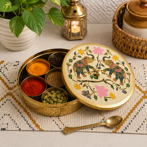 Caja de Masala de Latón Hecha a Mano con Diseño de Elefante Pintado a Mano, 7 Recipientes para Especias, Organizador de Almacenamiento de Cocina con Tapa y Cuchara - Product Image 3