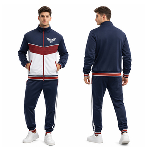 Custom Mens Navy Red Tracksuit Set <b>Zip</b>-<b>Up</b> <b>Jacket</b> & Jogger Pants Sport Training Gym Wear OEM Athletic Activewear - Product Image 1