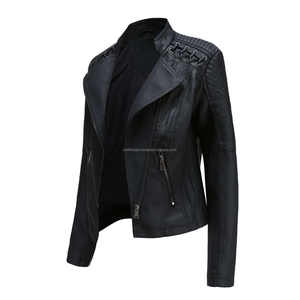 Veste en cuir matelassé de style motard pour femmes fermeture éclair noire Accents de dentelle vêtements d'extérieur d'automne élégants poches zippées viscose respirante - Product Image 3