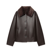Veste en similicuir marron vintage de luxe pour femme avec col en fourrure, manteau d'hiver chaud et épais en peau de mouton, blouson bomber en cuir PU surdimensionné