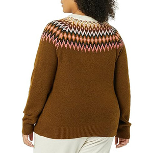Women's <b>Brown</b> Knitted Pullover Sweater Long Sleeve Fair Isle Geometric Jacquard Pattern Crew Neck Top - Product Image 3