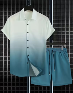 Men's Solid Color Short Sleeve Shirt Shorts Set Breathable Knitted Casual Summer Wear Light Blue Drawstring Pants Outfit Quick - Product Image 1