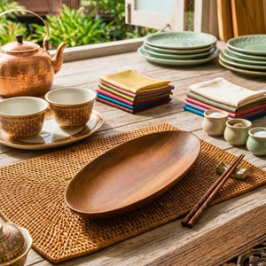Plateau de service ovale en bois d'acacia fait main, plateau de présentation alimentaire en bois massif - Product Image 3