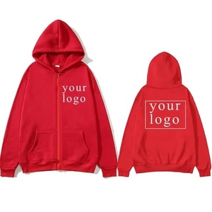 Sweat-shirt unisexe à capuche zippé rouge, coupe oversize, tricoté, décontracté, couleur unie, logo imprimé par transfert thermique sur le devant, collection automne 2027 - Product Image 1