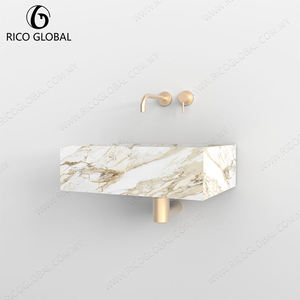 Lavabo rectangulaire mural en marbre avec robinet à bouton plaqué or, design minimaliste, facile à nettoyer, finition polie - Product Image 5