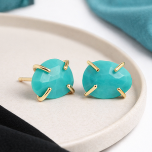 Natural Labradorite Oval <b>Stud</b> <b>Earrings</b> Gold Plated Faceted Gemstone Prong <b>Set</b> Handmade Jewelry Gift for - Product Image 5