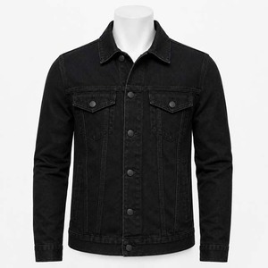 Veste en jean noire pour homme, coupe slim décontractée, col rabattu, boutonnée, en coton délavé, pour l'automne, pour adultes, en vente - Product Image 1