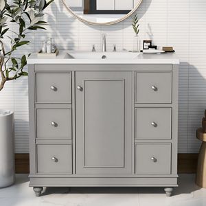 Mobile Bagno Contemporaneo 36x18x34 Pollici con 4 Cassetti, 1 Anta, Contenitore Multiuso e Lavabo Integrato in Resina - Product Image 2
