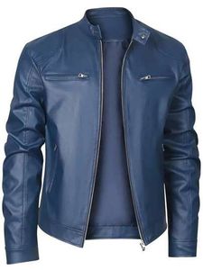 Blouson moto homme en cuir PU bleu, col montant, fermeture éclair, coupe ajustée, manches classiques, couleur unie, pour l'automne - Product Image 3