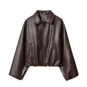 Blouson en simili cuir marron avec col rabattu, fermeture éclair sur le devant, manches longues, vêtement d'automne - Product Image 1