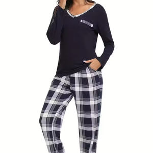 Conjunto de Pijama de Manga Larga con Cuello en V para Mujer, Pantalones a Cuadros, Ecológico, Transpirable, Spandex/Algodón, Cierre con Cordón, Sin Costuras, Verano - Product Image 1