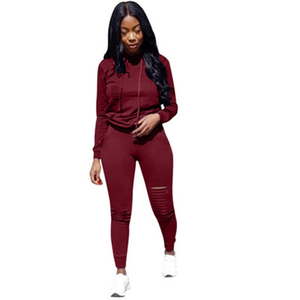 Ensemble de survêtement pour femme, sweat-shirt à capuche bleu marine, manches longues, couleur unie, style sportif, leggings déchirés, coupe ajustée, toutes saisons - Product Image 4