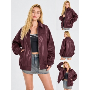 Blouson Bomber Oversize Femme Personnalisé en Similicuir, Veste Vintage Zippée en Cuir PU, Manteau Décontracté Streetwear - Product Image 5