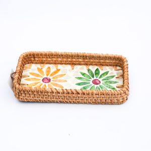 Plateau rectangulaire en céramique avec incrustation de nacre, motif fleur de lotus, design bohème, céramique tissée durable - Product Image 3