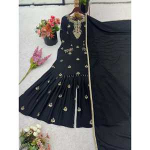 Top de trabajo de secuencia de bordado pesado de diseñador de moda Zeel-Sharara y Dupatta Ropa Africana Negro Talla L - Product Image 3