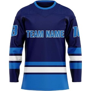 Maillot de hockey sur glace bleu marine à manches longues, col rond, respirant, vêtements de sport, maillots personnalisés avec nom d'équipe à vendre - Product Image 3