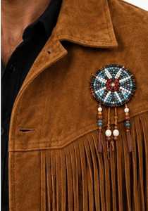 Veste à franges marron pour homme avec broderie perlée et col rabattu - Product Image 2
